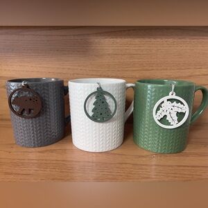 Set of 3 Textured Mugs with Holiday Charms - Gray, White, Green